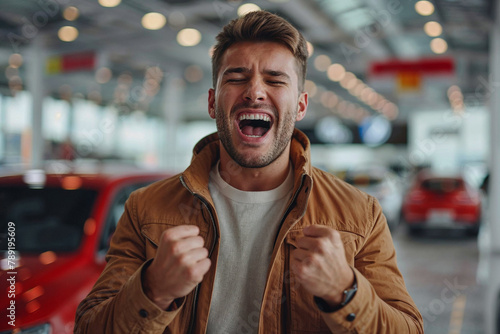 Excited Young Man Celebrating New Car Purchase in Showroom