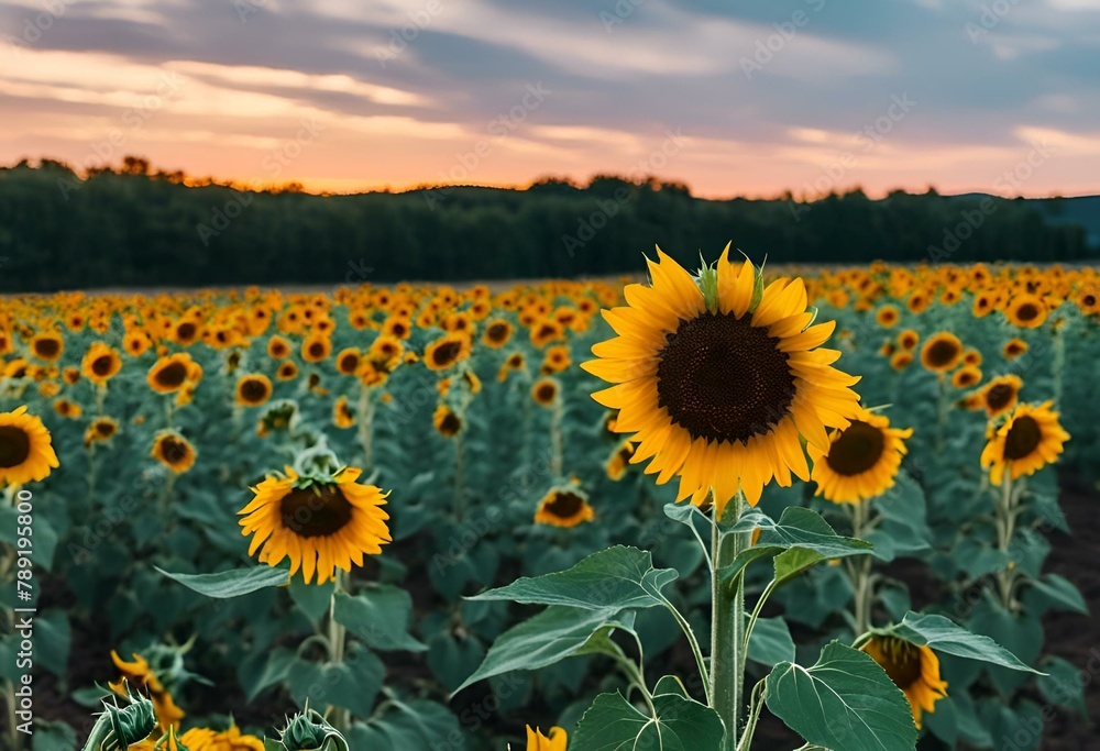 AI generated illustration of a scenic farm field with vibrant sunflowers at sunset