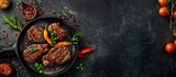 High-quality meats and vegetables expertly cooked in frying pans with spices and decorations, set against a dark background with room for text.