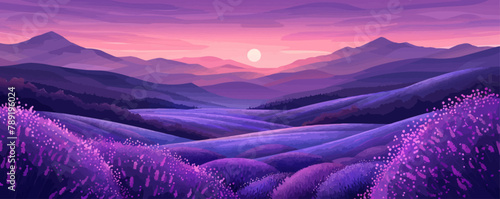 Lavender fields filling the air with aroma and soft violet hues. Digital art style vector flat minimalistic isolated illustration.