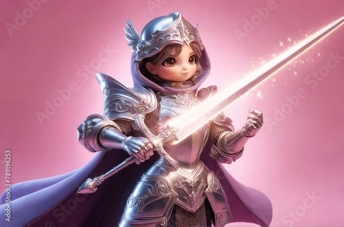 a cartoon character of a knightess wearing glowing armor and wielding a sword that emits light photo