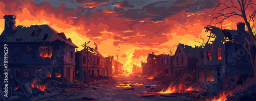 A street with houses in a ruined city on fire after. vector simple illustration