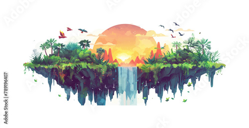 A surreal floating island with lush vegetation, cascading waterfalls, and colorful exotic birds. Vector flat minimalistic isolated illustration.