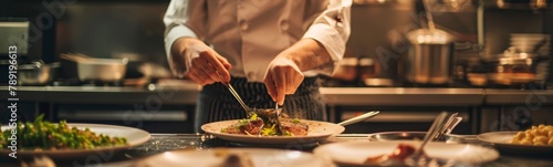 Chef preparing food in a restaurant kitchen with many plates of food. Banner photo