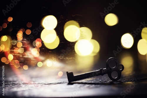 vintage key over old wooden surface with back light. Double exposur night city.