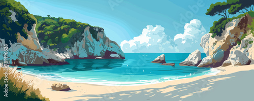 A serene coastal cove with golden sands, turquoise waters, and rugged cliffs dotted with sea caves. Vector flat minimalistic isolated illustratio