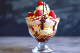 Milkshake or icecream with chocolate, whipped cream and berries
