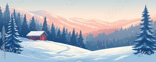 A tranquil snowy landscape with frosted pine trees and a cozy cabin tucked away in the woods. Vector flat minimalistic isolated illustration.