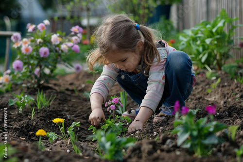 Young Girl Planting Flowers in a Vibrant Garden
