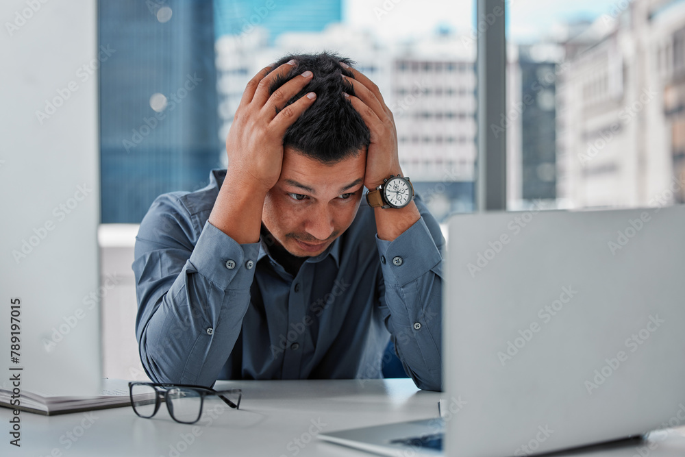 Business man, stress and laptop in office, mistake and bad mental health or burnout and 404 glitch. Male person, tax debt and frustration for digital audit, anxiety and fail or bankrupt accountant Business man, stress and laptop in office, mistake and bad mental health or burnout and 404 glitch. Male person, tax debt and frustration for digital audit, anxiety and fail or bankrupt accountant