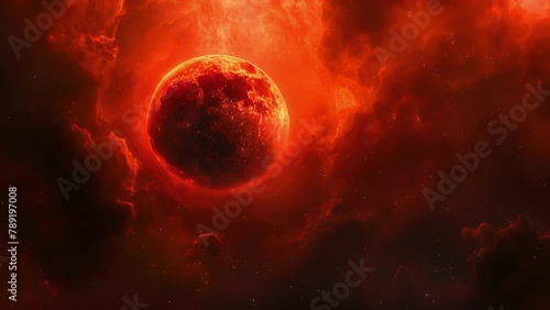 The cosmos seemed to be in a state of chaos as the red eclipse took place. Dark clouds of gas and dust swirled around the vibrant . .