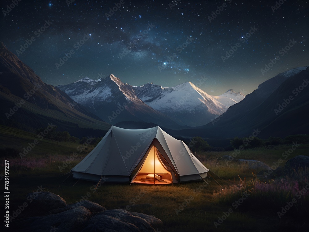 Camping Beneath the Celestial Canopy. Illuminated tents at night, in a valley, surrounded by mountains.