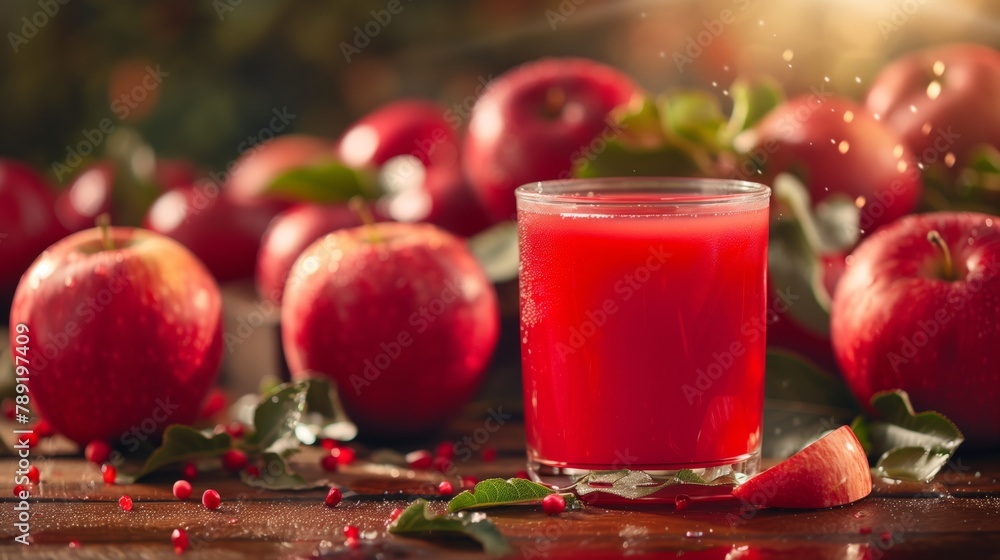 Apple red juice in glass with red apples on background Apple red juice in glass with red apples on background