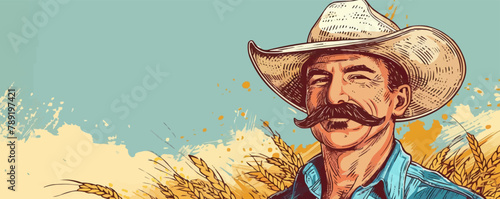Cheerful farmer in a hat with a mustache on wheat background sketch hand drawn logo. vector simple illustratio