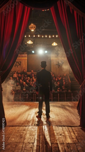 Man standing in front of a stage with a microphone. Magician concept background. 