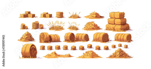 Hay bales, piles, heaps and stacks set. Isolated on background. Cartoon. vector
