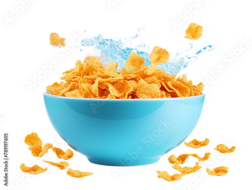 Cornflakes in blue bowl with splashing milk.