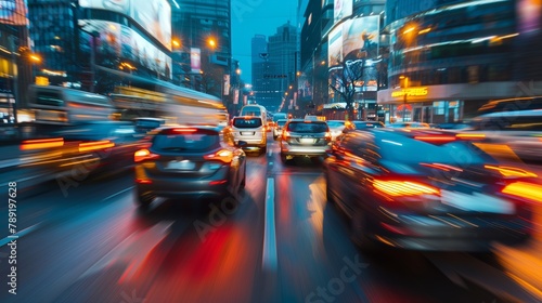 Back view of cars high speed urban traffic in motion blur lighting effect