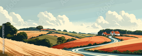 A picturesque countryside landscape with winding country roads and quaint farmhouses nestled amidst rolling fields. Digital art style vector flat minimalistic isolated illustration