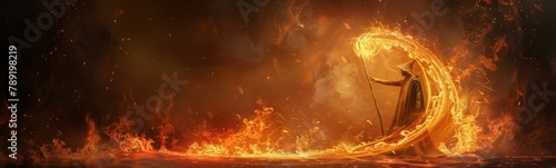 Flames are lit up around a man holding a staff. Magician concept background, Banner photo