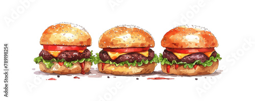 Hand drawn vector bread burger illustration with meatloaf tomato vegetarian dish, white background, delicious food for lunch and dinner, fast food ar