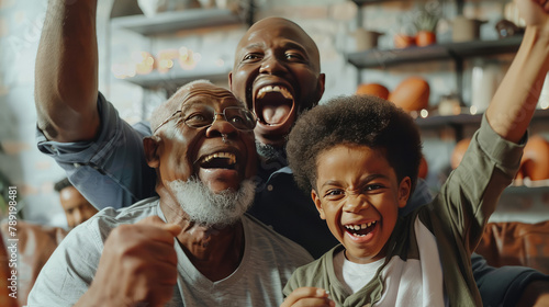 Excited black grandfather, dad and son cheering favorite football team at home photo