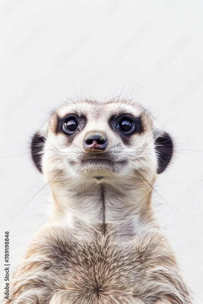 Close up of a meerkat looking directly at the camera with intense focus, showing its curious and observant nature Close up of a meerkat looking directly at the camera with intense focus, showing its curious and observant nature