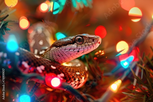 Serene Snake Amidst Twinkling Fairy Lights and Spruce Branches