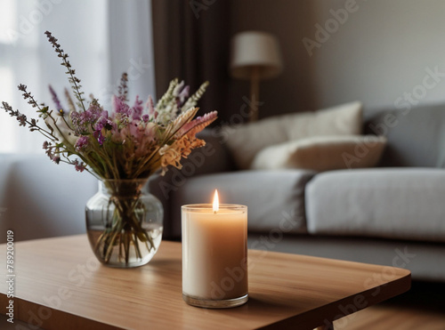 Scented candles and vase with flowers on the coffee table in living room of cozy apartment. Home decor concept.