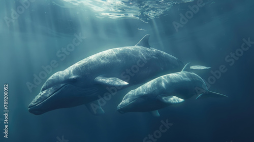 A couple of dolphins gracefully swim in the clear blue ocean water, their sleek bodies moving effortlessly through the waves