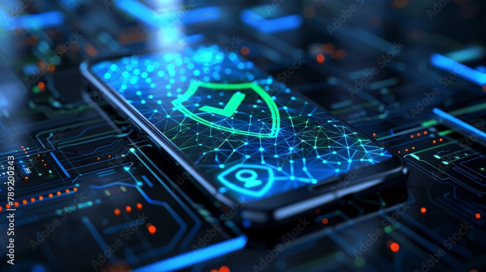 A glowing green checkmark on a phone screen indicates that the device is secure. A glowing green checkmark on a phone screen indicates that the device is secure.