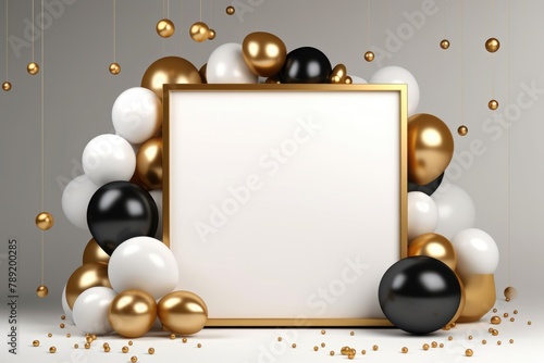 3d render, abstract background with black, white and gold balloons, golden blank frame