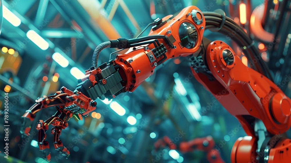 Futuristic Robot Arm in Action within a High-Tech Facility, Captured from a Dynamic Angle. Industrial Automation Concept. Perfect for Technology Backgrounds. AI Futuristic Robot Arm in Action within a High-Tech Facility, Captured from a Dynamic Angle. Industrial Automation Concept. Perfect for Technology Backgrounds. AI