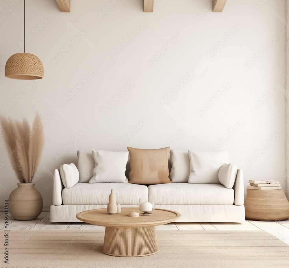 Scandinavian minimalism in the living space. Modern 3D visualization of the interior in light beige tones Scandinavian minimalism in the living space. Modern 3D visualization of the interior in light beige tones