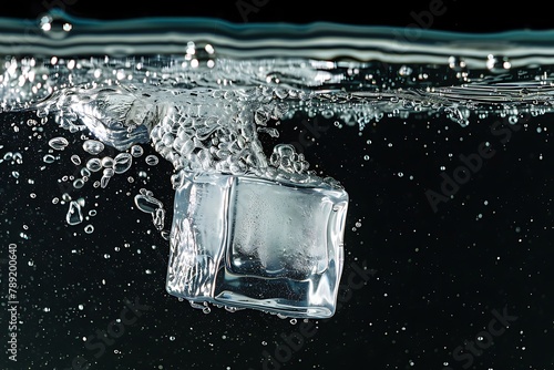Ice cube in water. Ice cube falling into water with bubbles .