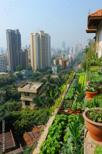 A cityscape view captured from a rooftop garden, showcasing the urban skyline, buildings, streets, and city life below