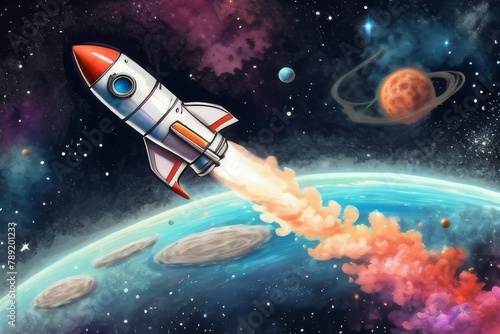 Colorful hand drawn picture of rocket flying through universe, planets and space nebula
