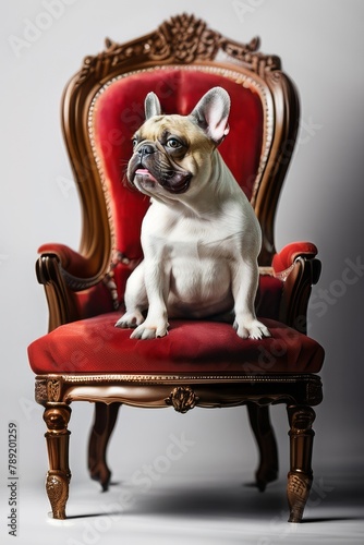 French bulldog dog sitting on red classic english royal chair