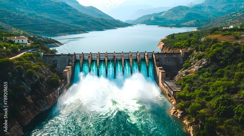 Majestic dam releasing water into a valley, surrounded by mountains. Hydroelectric power generation in natural setting. Serene yet powerful scene. AI