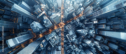 Fototapeta Naklejka Na Ścianę i Meble -  Birds-eye view of 3D blue skyscrapers forming a futuristic cityscape with warm central glow