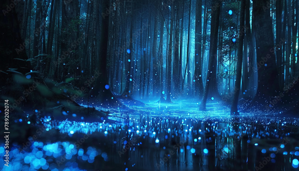 Tall trees stand in a mystical forest with a glowing, bioluminescent floor under a twilight sky
