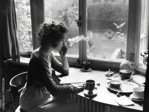 Vintage-style photo of a female author sitting by a window, writing her work. photo