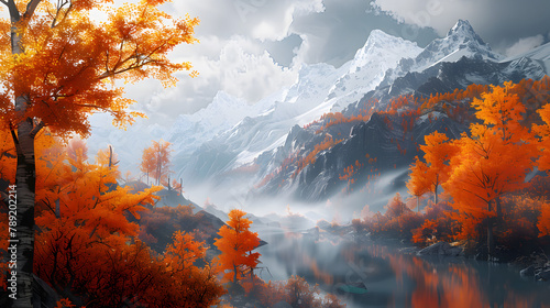 an orange fall scene with mountains and trees