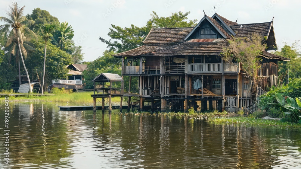 Traditional old wooden vintage house near lake ,Village house on water natural blue sky,A wooden house floats in the middle of the water,Resort house mostly made of bamboo built on a fish pond


