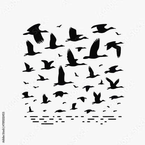 illustration of a flock of migrating birds flying in the sky in black and white silhouette