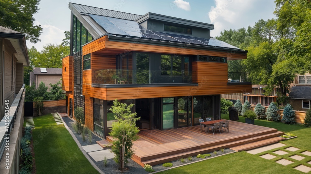 Contemporary eco friendly passive house with landscaped yard and solar panels on the rooftop on sunny day Contemporary eco friendly passive house with landscaped yard and solar panels on the rooftop on sunny day