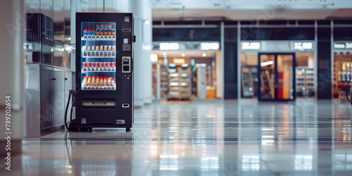 Modern black snack machine in a minimalist shopping center interior. Small business, self-service vending machines in public places. photo
