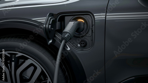 A close-up of an electric vehicle charging port while connecting to a charging cable