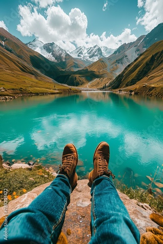 Traveler s perspective hiking shoes on summit with panoramic lake and river view