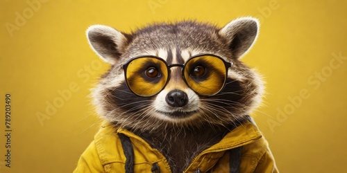 Portrait of a cute funny raccoon wearing glasses  isolated on a yellow background